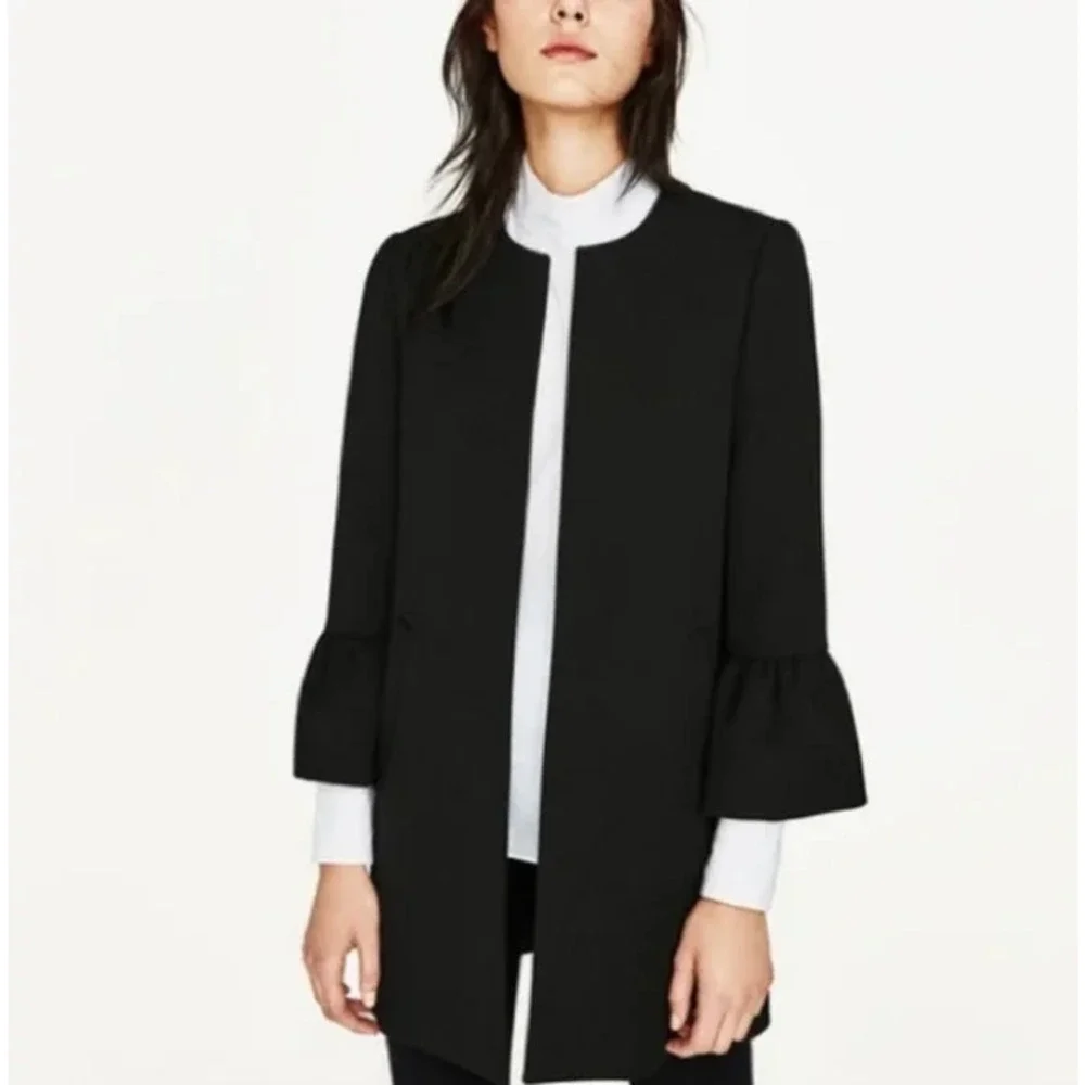 ZARA Bell Sleeve Collarless Coat Long Black Jacket - Picture 1 of 12